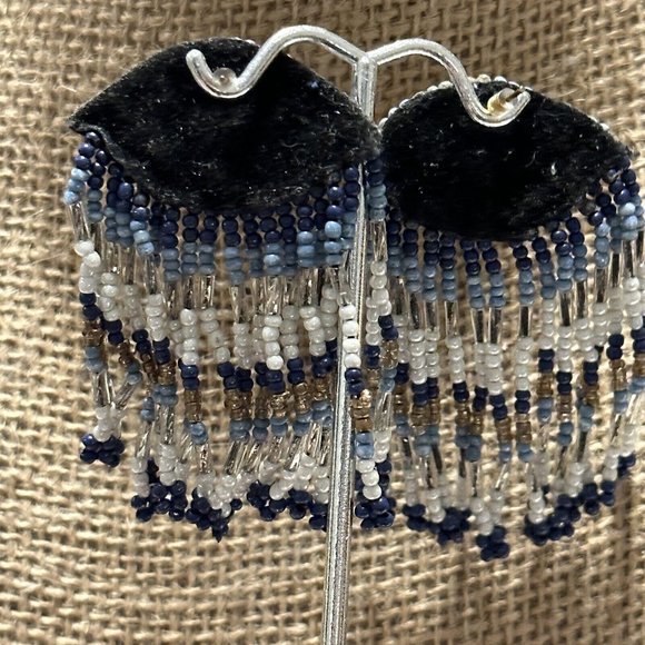 Evil Eye Pierced Earrings Large Statement Seed Bead on Leather Dangle Blue - Picture 2 of 4